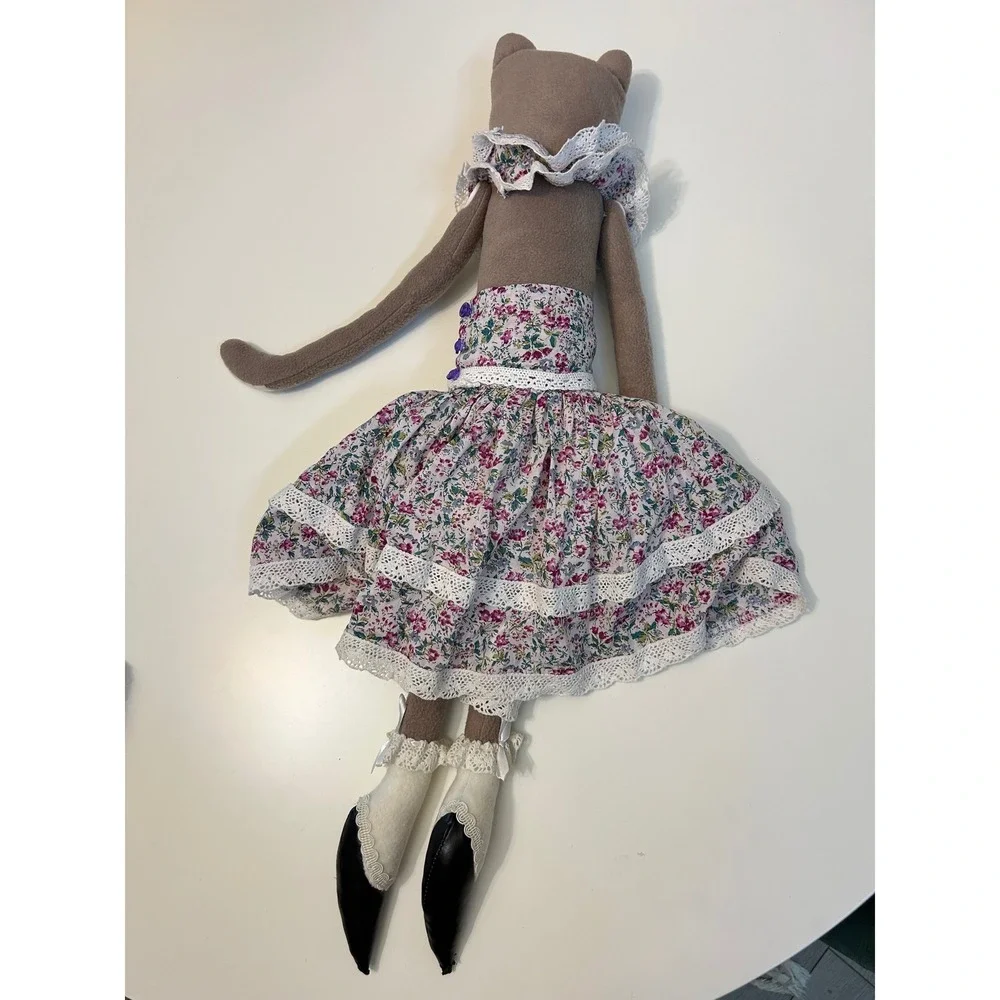Handmade Folk Art Cat Doll Set Mother and Kitten Floral Lace Tiered Dress Felt